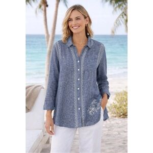John Mark Linen Embroidered Roll Tab Button Front Top Wire Collar 2X Chambray